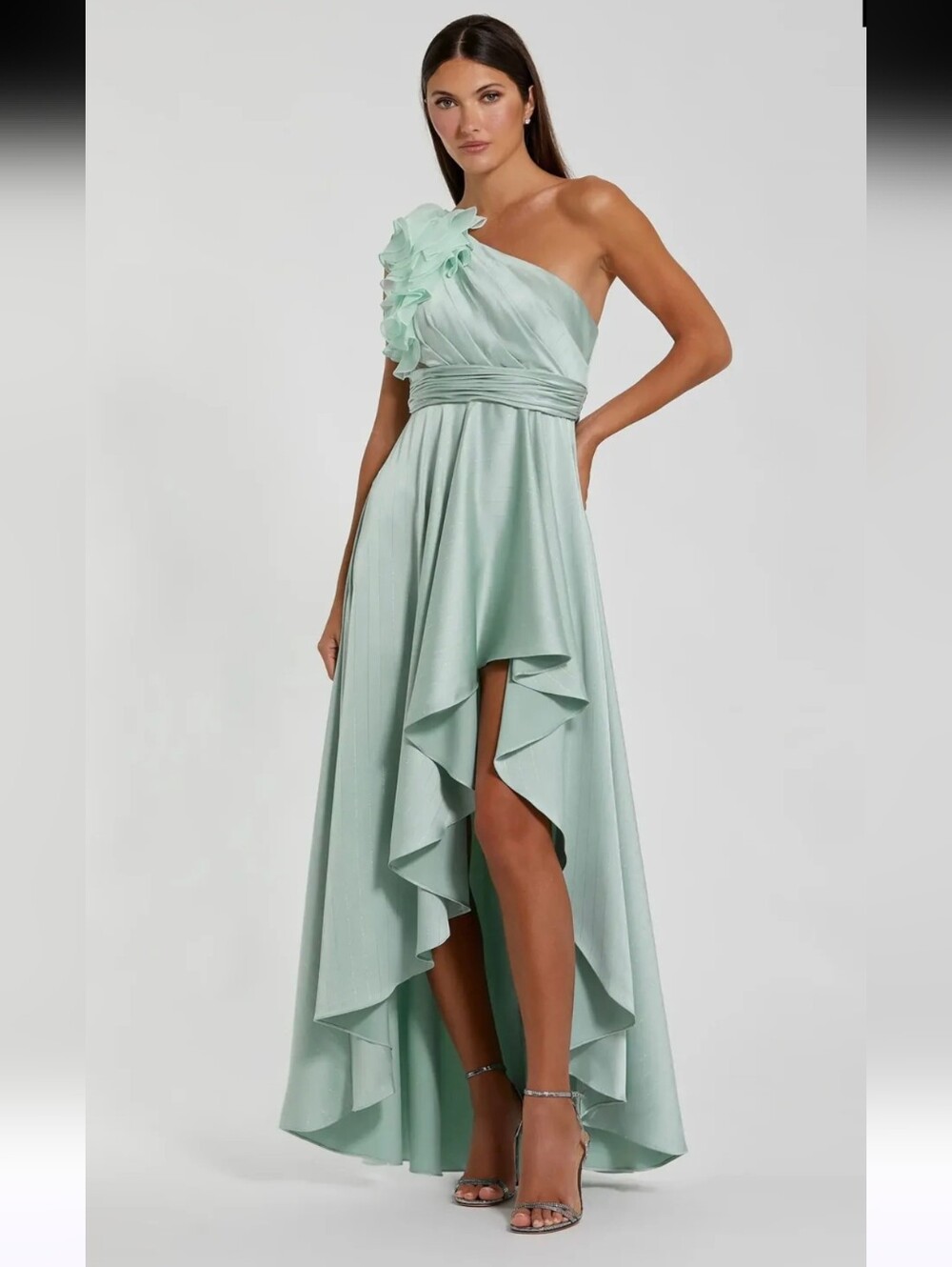 Mac Duggal 49523 NWT One-Shoulder Sage Ruffled High-Low Dress